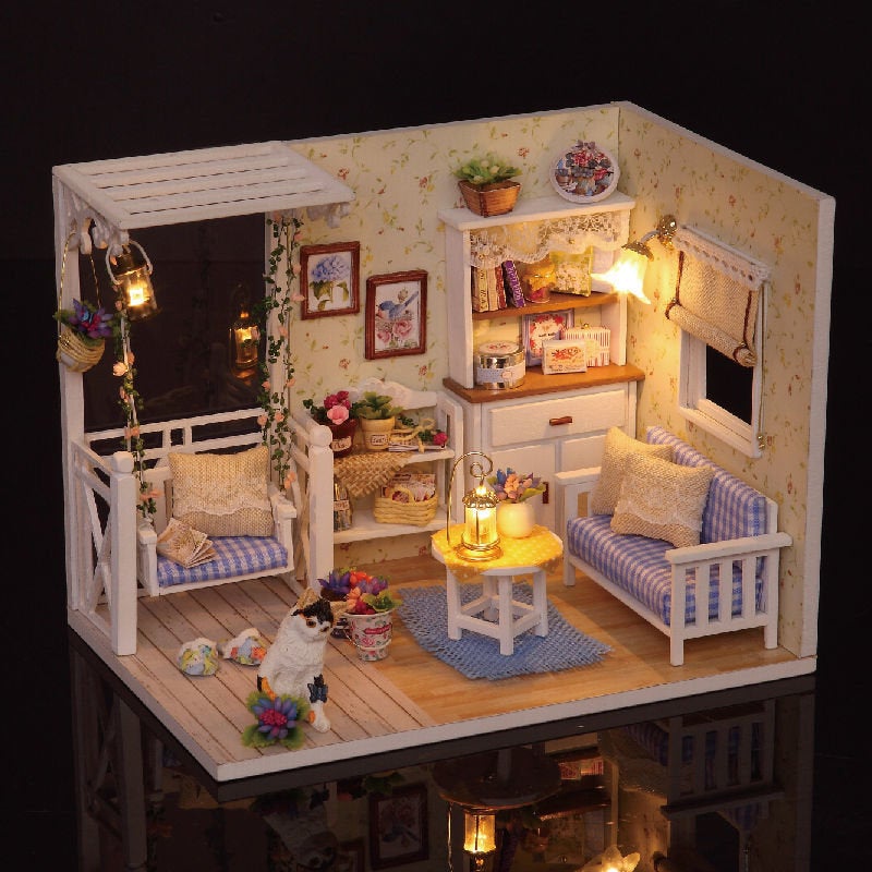 Miniature DIY Kit With LED Light Cover Wood Toy Doll House Room Kitten Diary