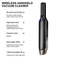 Handheld Portable Wireless Car Vacuum Cleaner Rechargeable 5000Pa Cyclone Suction 2000mAh Battery Life Cordless Wet/Dry Auto