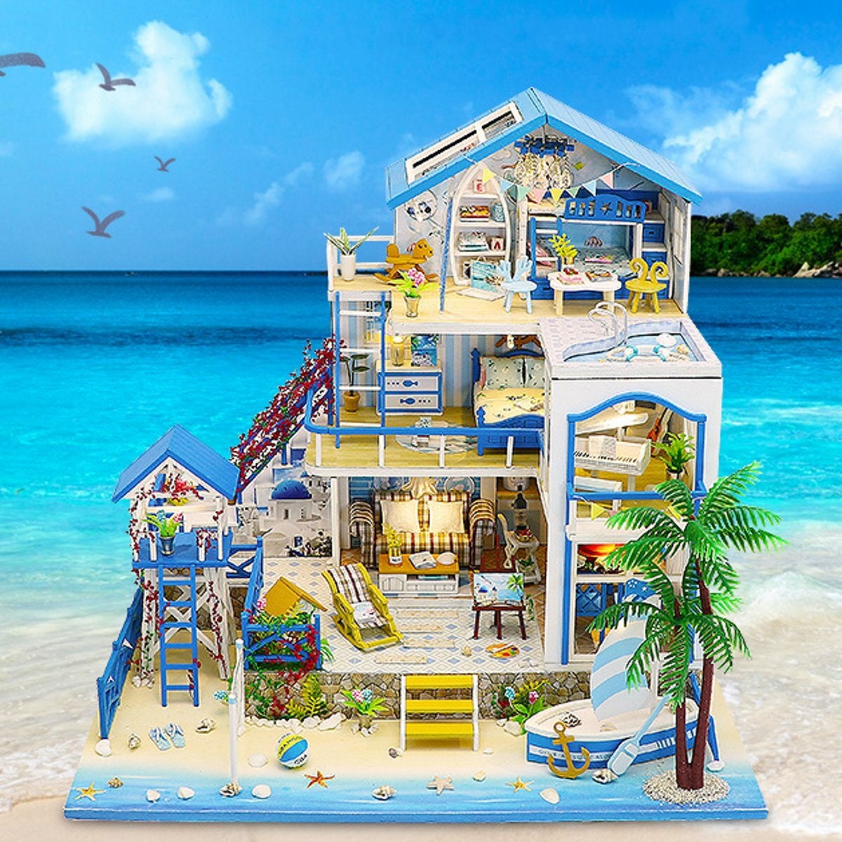 Wooden DIY Beach Villa Doll House Miniature Kit Handmade Assemble Toy with LED Light for Birthday Gift Collection Home Decor