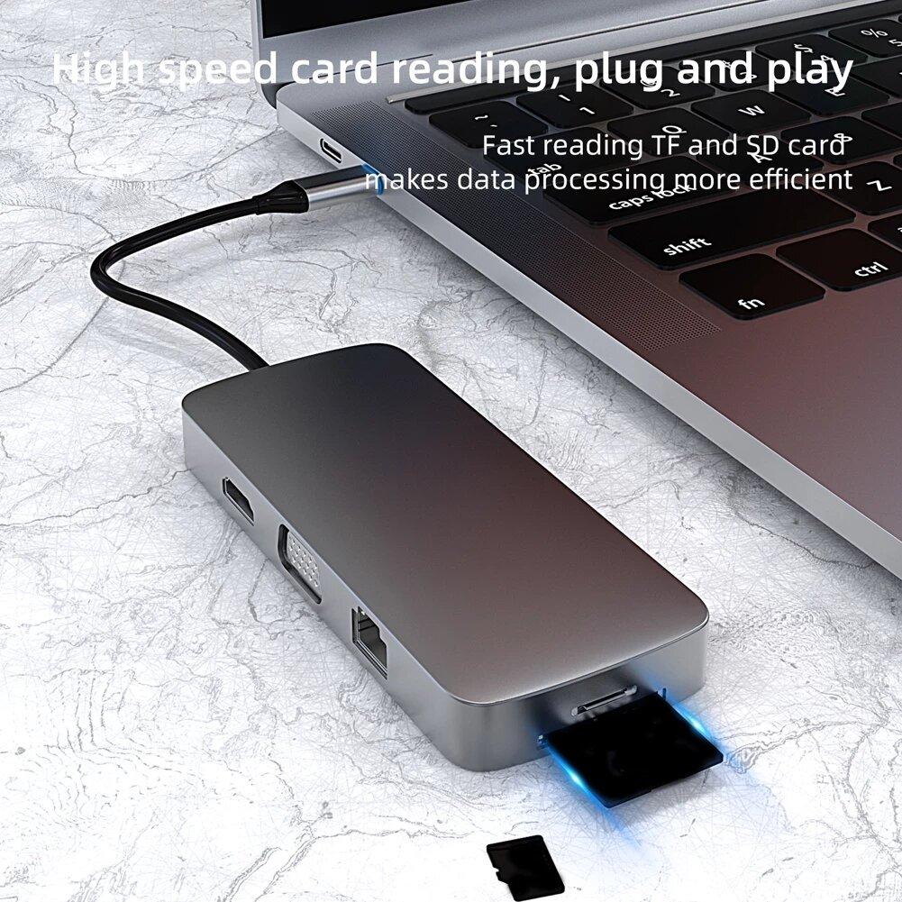 10-In-1 USB-C HUB Docking Station Adapter With 4K@30Hz HD Display