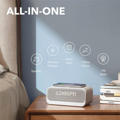 bluetooth Speakers 10W Stereo Sound FM Radio Alarm Clock White Noise Qi Wireless Charger 3-in1 Wireless Soundbar