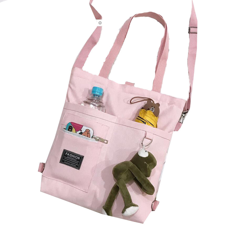 Women Handbag Shoulder Bags Large Capacity Simple Folding Handbags Tote Shopping Bag with frog Pendant Book Bags for Girl