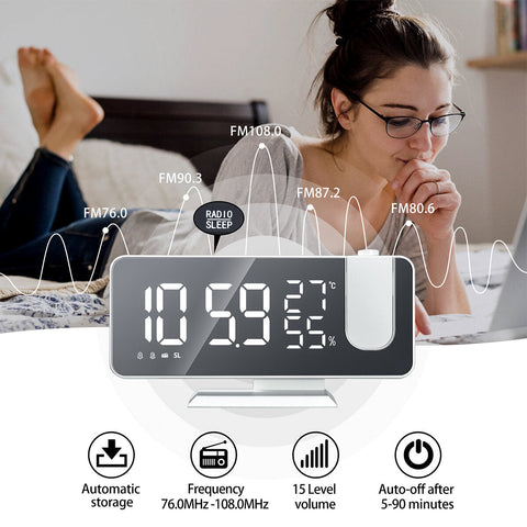 LED Digital Alarm Clock FM Radio HD Time Projection Mirror Clocks Snooze Function Temperature Humidity Display Electronic Clock Time Clock