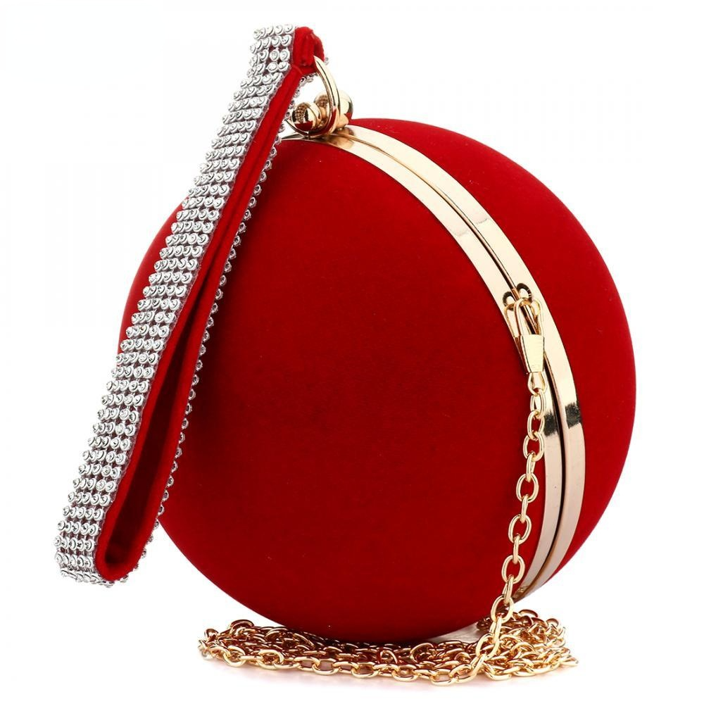 Unique Velvet Iron-On Lady Handbag Red Shoulder Clutch Bag Spherical Evening Bags