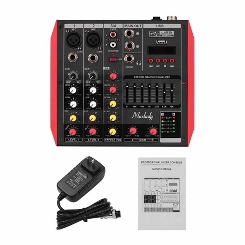 4 Channel Audio Bluetooth Mixer Mixing Console with 7-Band EQualizer USB Phantom Power 48V