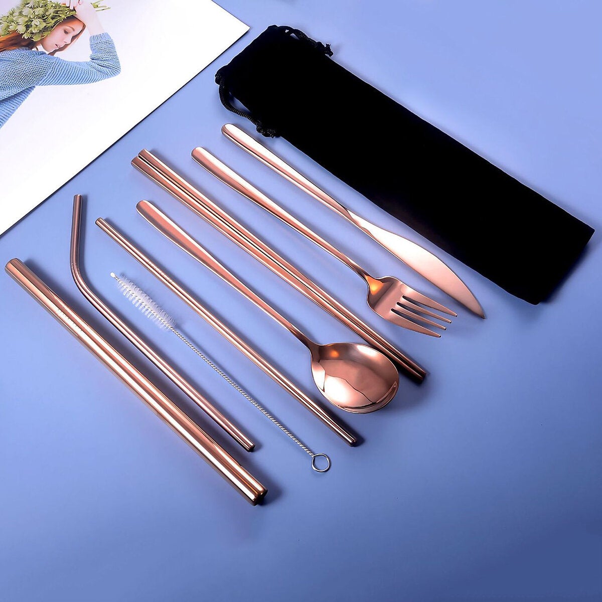 9pcs Titanium-Plated 304 Stainless Steel Cutlery Set Knife Fork Spoon Chopsticks Straw