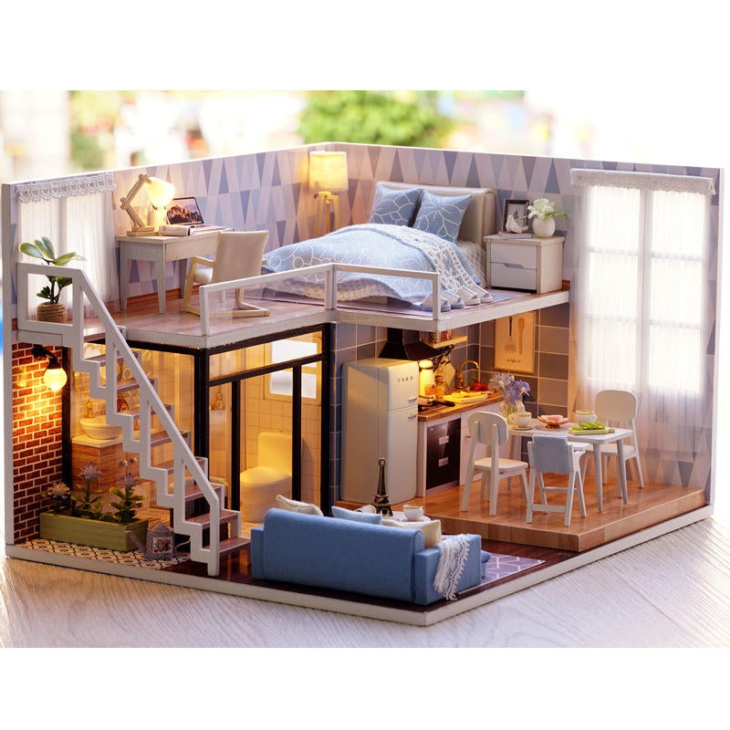 Blue Time DIY House With Furniture Music Light Cover Miniature Model Gift Decor