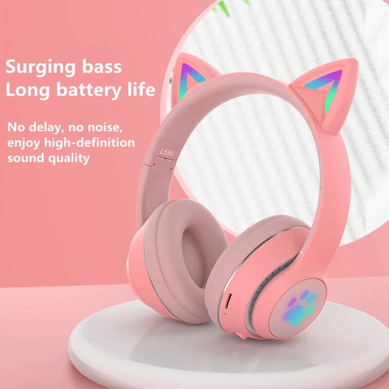 LED Glowing Cat Ears Earphone Wireless Foldable Headphones HiFi Stereo bluetooth With HD Microphone