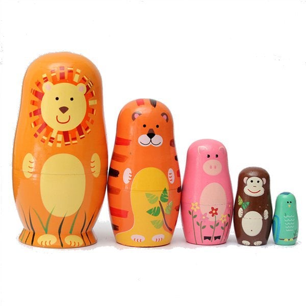 Set of 5 Cute Wooden Nesting Dolls Matryoshka Animal Russian Doll