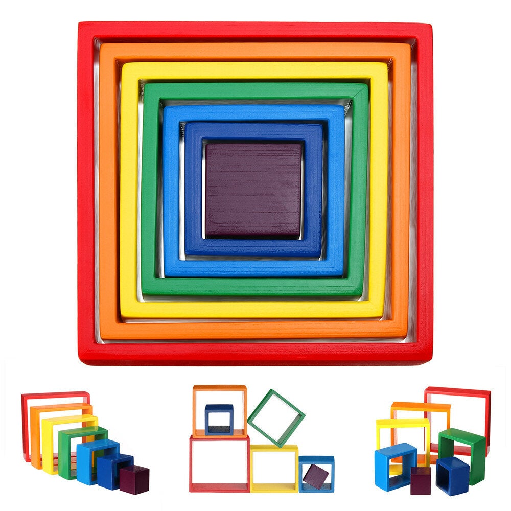 Square 7-piece 6.1 x 1.73inch Wooden Rainbow Stacking Toy nested stack games Building blocks