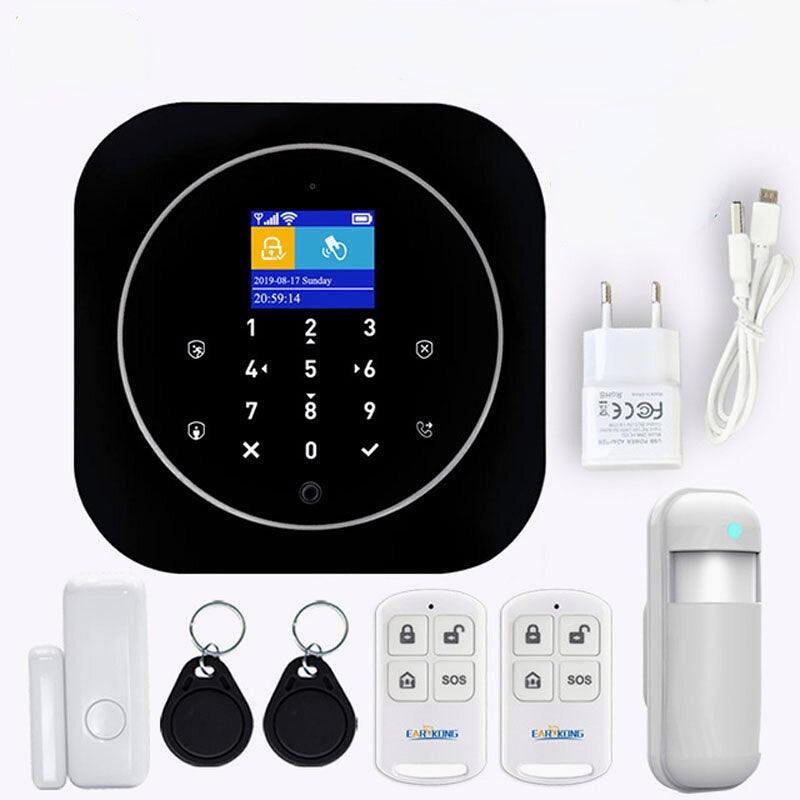 Wifi GSM Home Alarm System 433MHz Wireless Sensor Kit With 2 * Remote Controller / Infrared Detector / Door Window Detector / 2 * RFID Work With Tuya APP