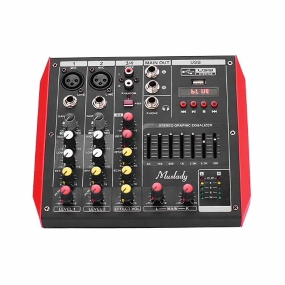 4 Channel Audio Bluetooth Mixer Mixing Console with 7-Band EQualizer USB Phantom Power 48V