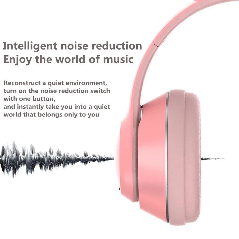 LED Glowing Cat Ears Earphone Wireless Foldable Headphones HiFi Stereo bluetooth With HD Microphone
