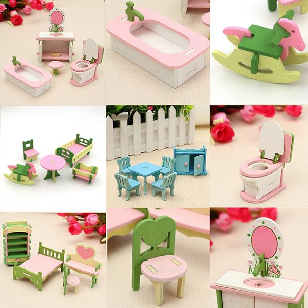 4 Sets of Delicate Wood Furniture Kits for Doll House Miniature