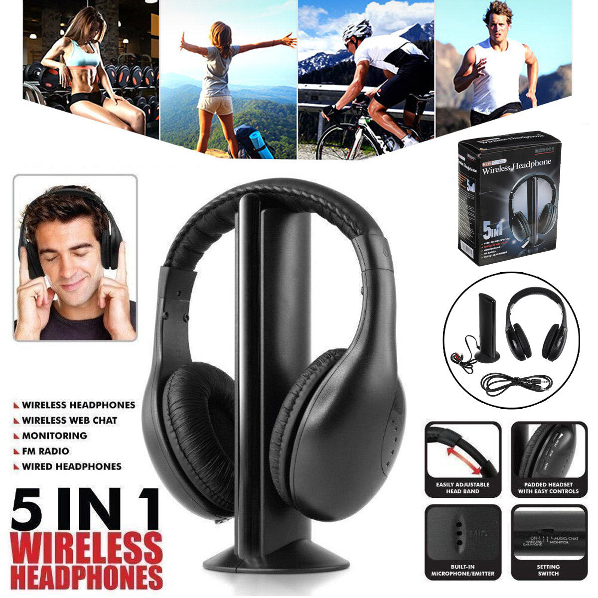 Wireless Headphones Transmitter On Ear Headset with FM Radio Wireless High-fidelity Headset Monitor Earphone for TV PC