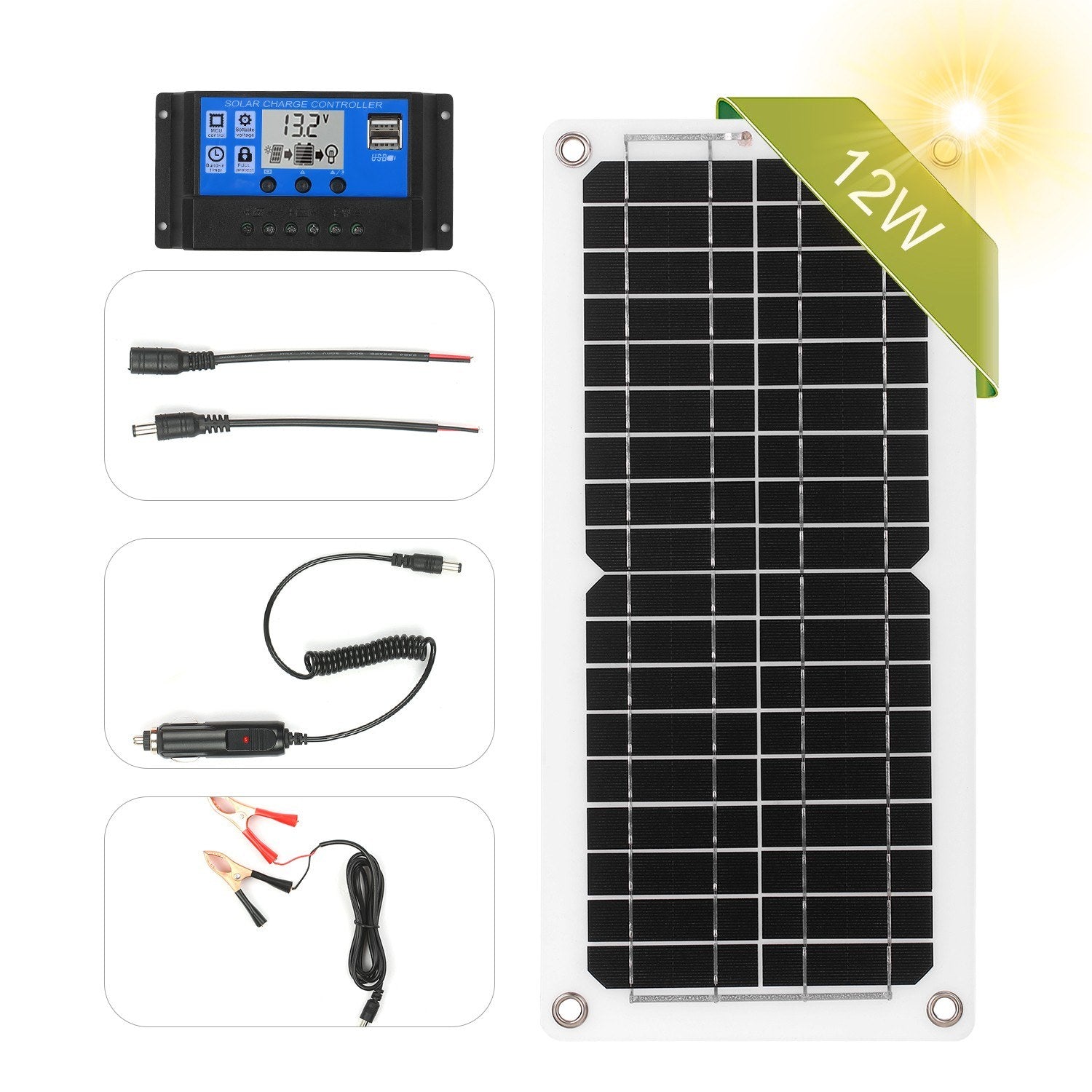 12W Solar Panel Kit USB Port Off Grid Monocrystalline Module