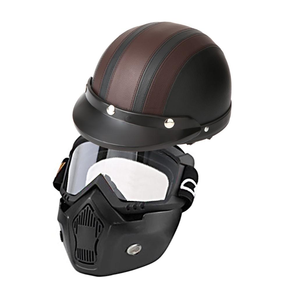 Mortorcycle Mask Detachable Goggles and Mouth Filter+ Open Face Half Leather Helmet with Vision UV 54-60cm