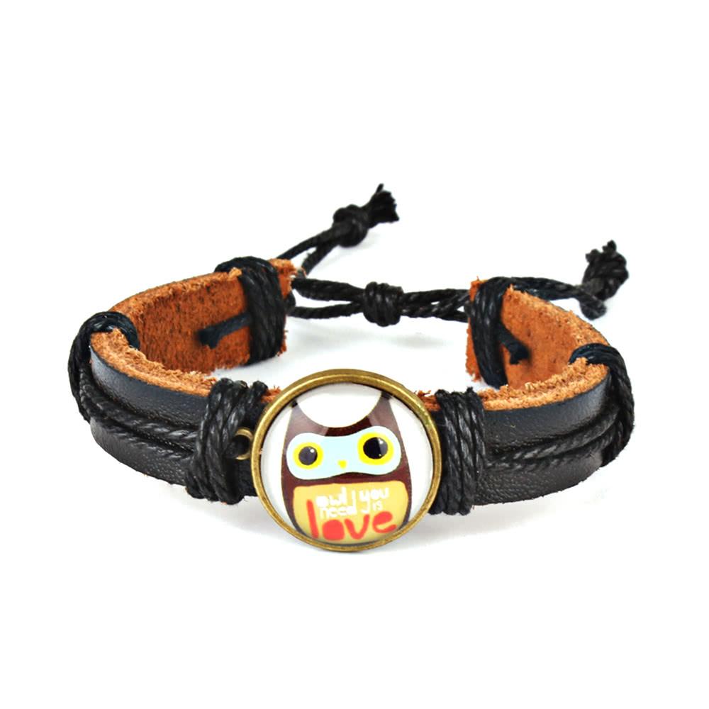 Cute Lovely Round Owl Woven Leather Wrist Bracelet for Women Vintage Jewelry