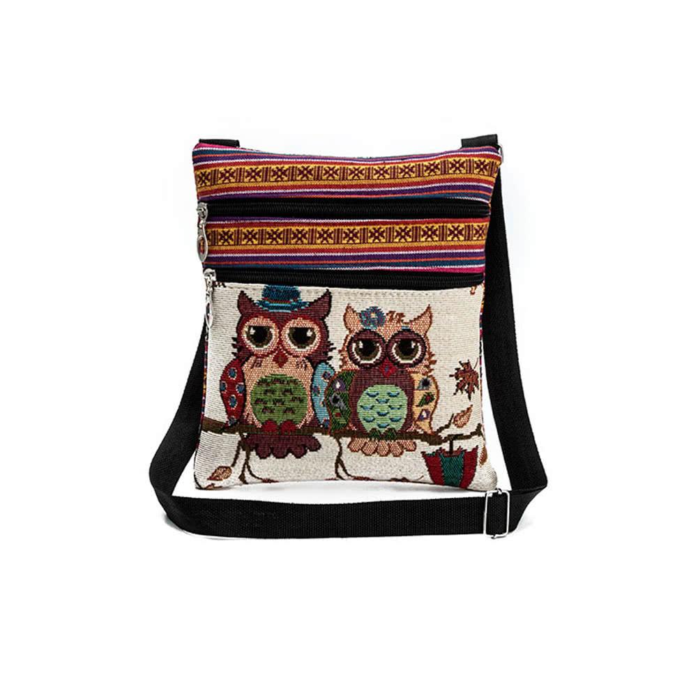 Women Mini Crossbody Bag Owl Embroidery Jacquard Zipper Adjustable Strap