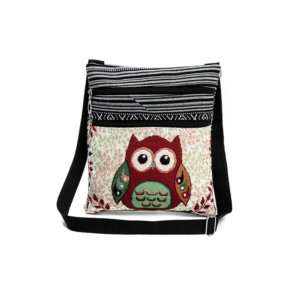 Women Mini Crossbody Bag Owl Embroidery Jacquard Zipper Adjustable Strap