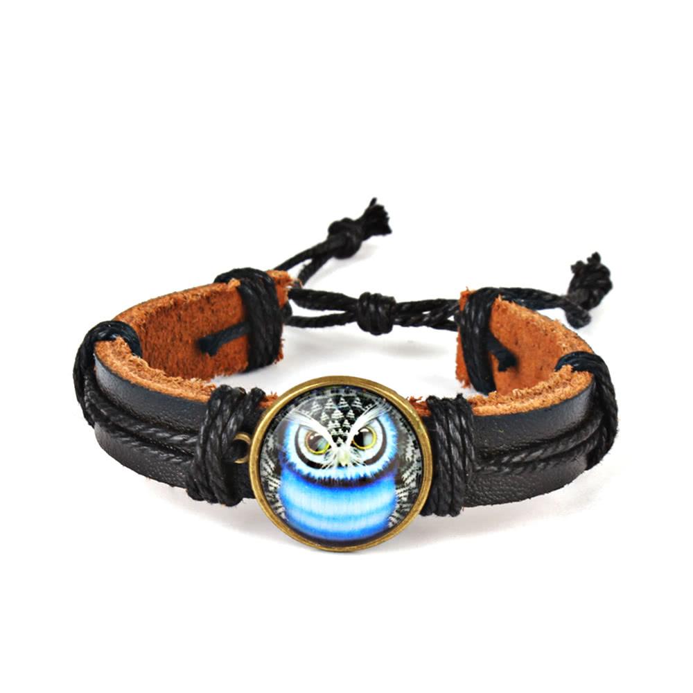 Cute Lovely Round Owl Woven Leather Wrist Bracelet for Women Vintage Jewelry