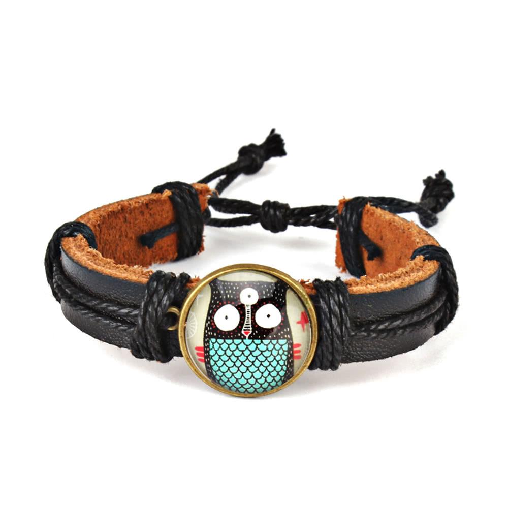 Cute Lovely Round Owl Woven Leather Wrist Bracelet for Women Vintage Jewelry