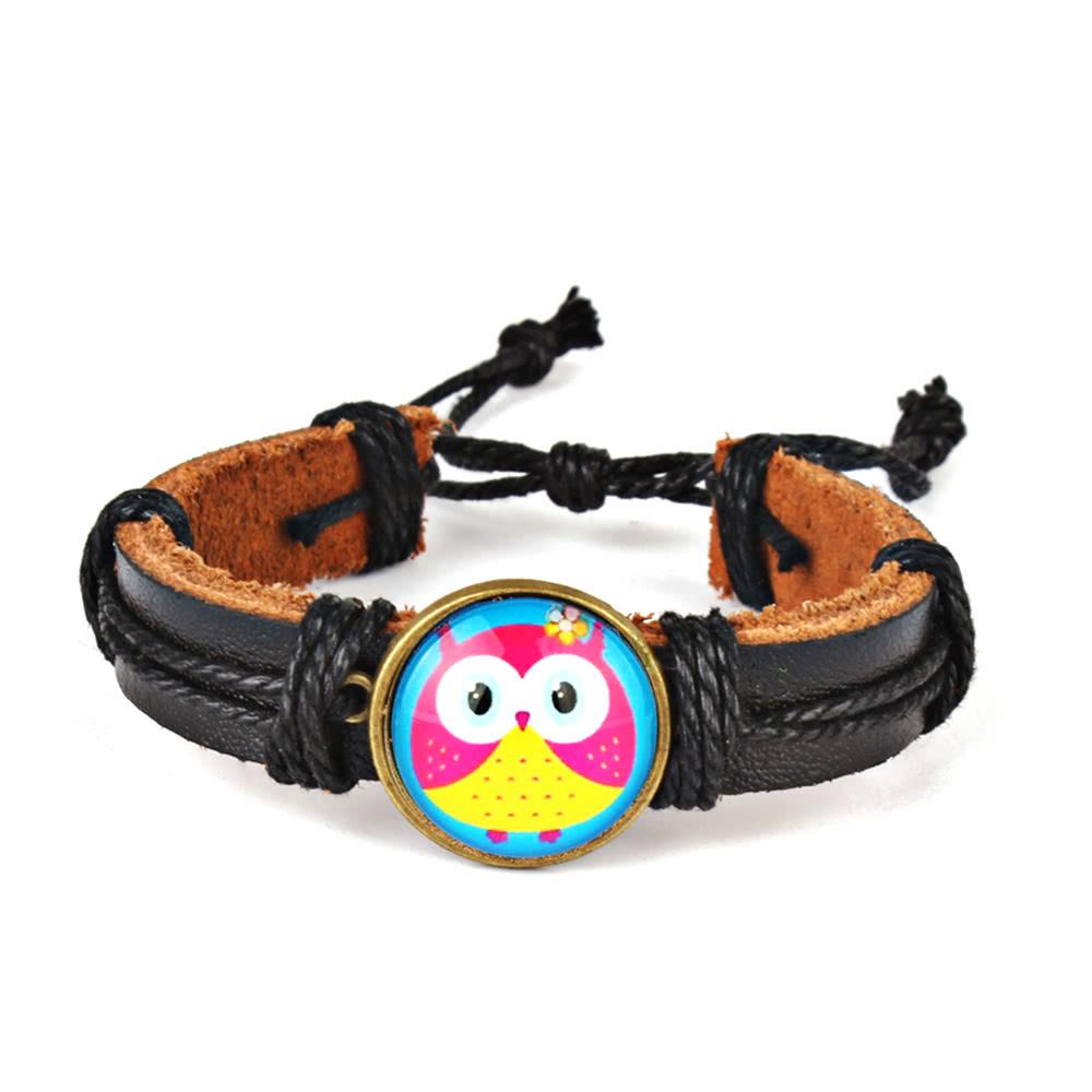 Cute Lovely Round Owl Woven Leather Wrist Bracelet for Women Vintage Jewelry