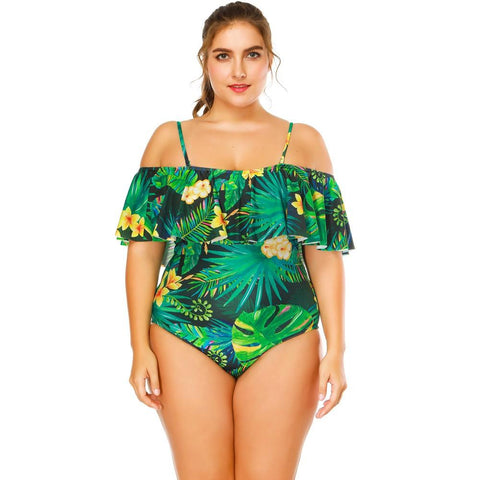 Sexy Women Floral Print Strappy Swimsuit One Piece Ruffle Trim Padding Beachwear Monokini