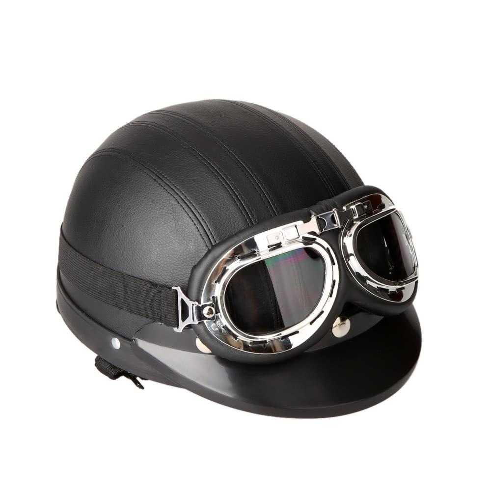 Motorcycle Scooter Open Face Half Leather Helmet with Visor UV Goggles Retro Vintage Style 54-60cm