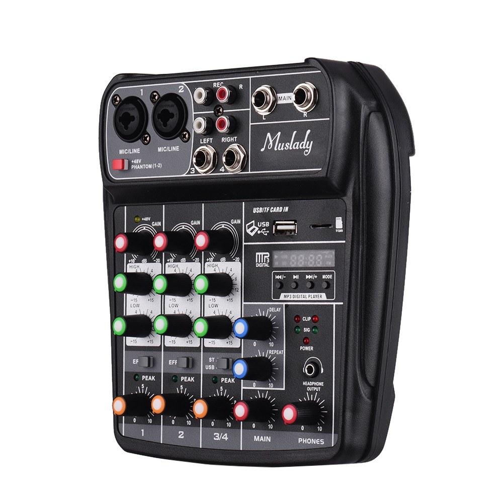 Compact Sound Card Mixing Console Digital Audio Mixer 4-Channel BT MP3 USB Input +48V Phantom Power
