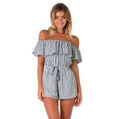 Sexy Women Off Shoulder Jumpsuit Vertical Striped Ruffles Waist Strap Summer Casual Short Playsuit