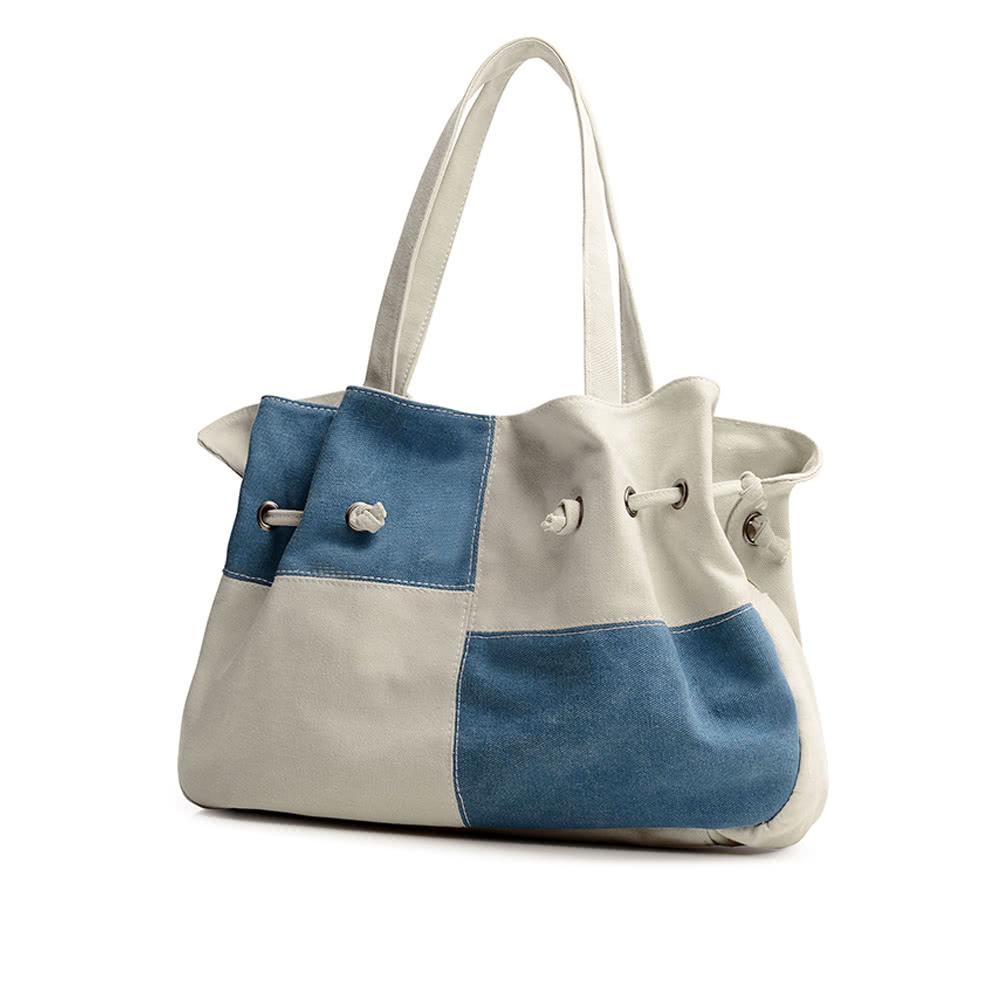 Women Canvas Handbag Contrast Color Casual Messenger Shoulder Bag Tote Black/Blue/Grey/Red