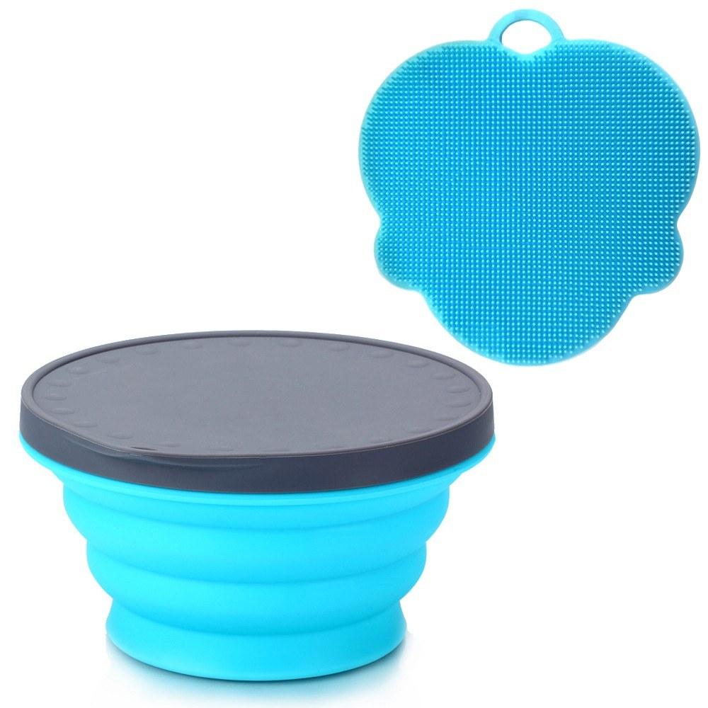 Silicone Collapsible Portable Bowl Expandable with Lid and Dish Sponge for Travel Camping Hiking