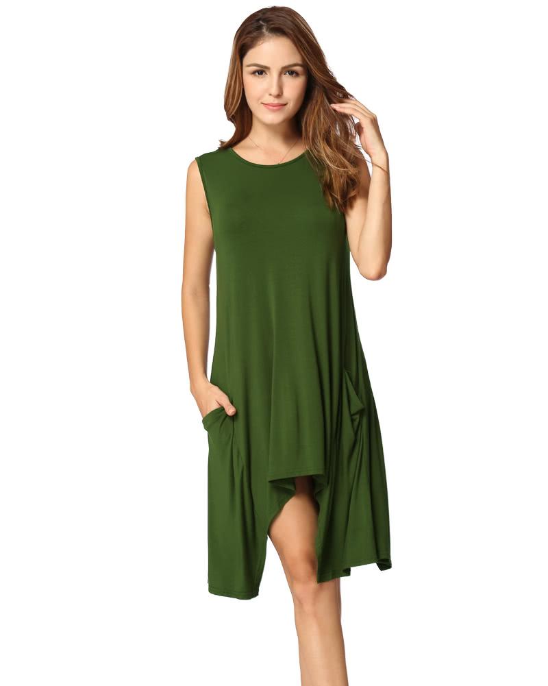 Women Summer Sleeveless Pockets Tunic Tank Tops Asymmetrical Hem Flowy Swing T Shirt