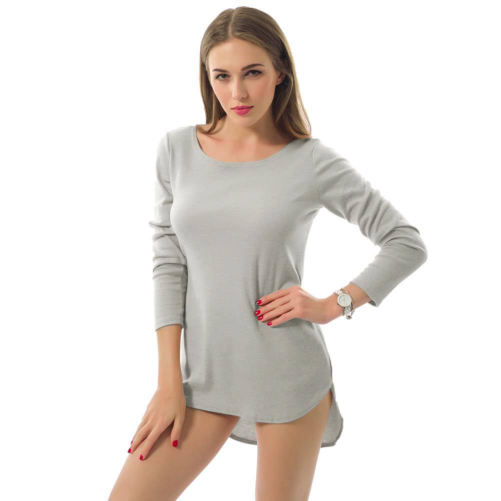 Women T-shirt Solid Color O-Neck Long Sleeves High-low Hem Pullover Casual Blouse