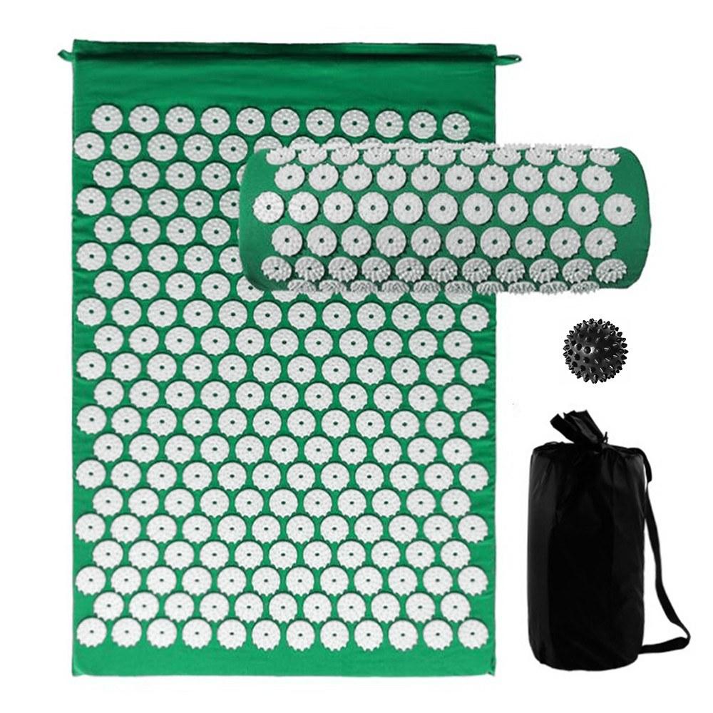 Acupressure Mat and Pillow Set with Spiky Massage Ball Carry Bag for Back Neck Pain Stress Relief