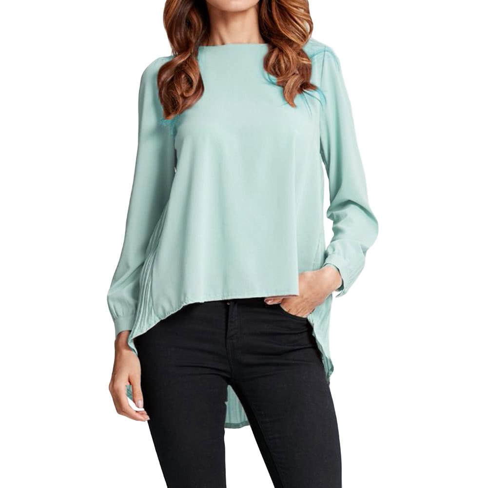 Women Chiffon Blouse Pleated O-Neck Long Sleeve Shirt Asymmetric Loose Casual Solid Plus Size