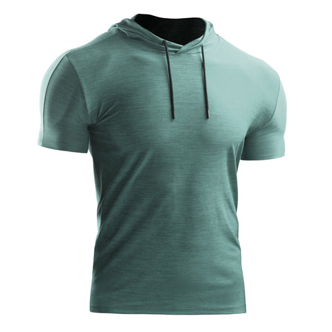 Men Summer Sports T-Shirt Hooded Short Sleeve Drawstring Quick-Dry Breathable