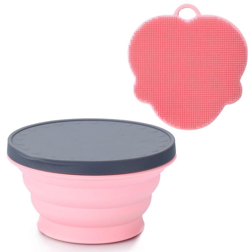 Silicone Collapsible Portable Bowl Expandable with Lid and Dish Sponge for Travel Camping Hiking