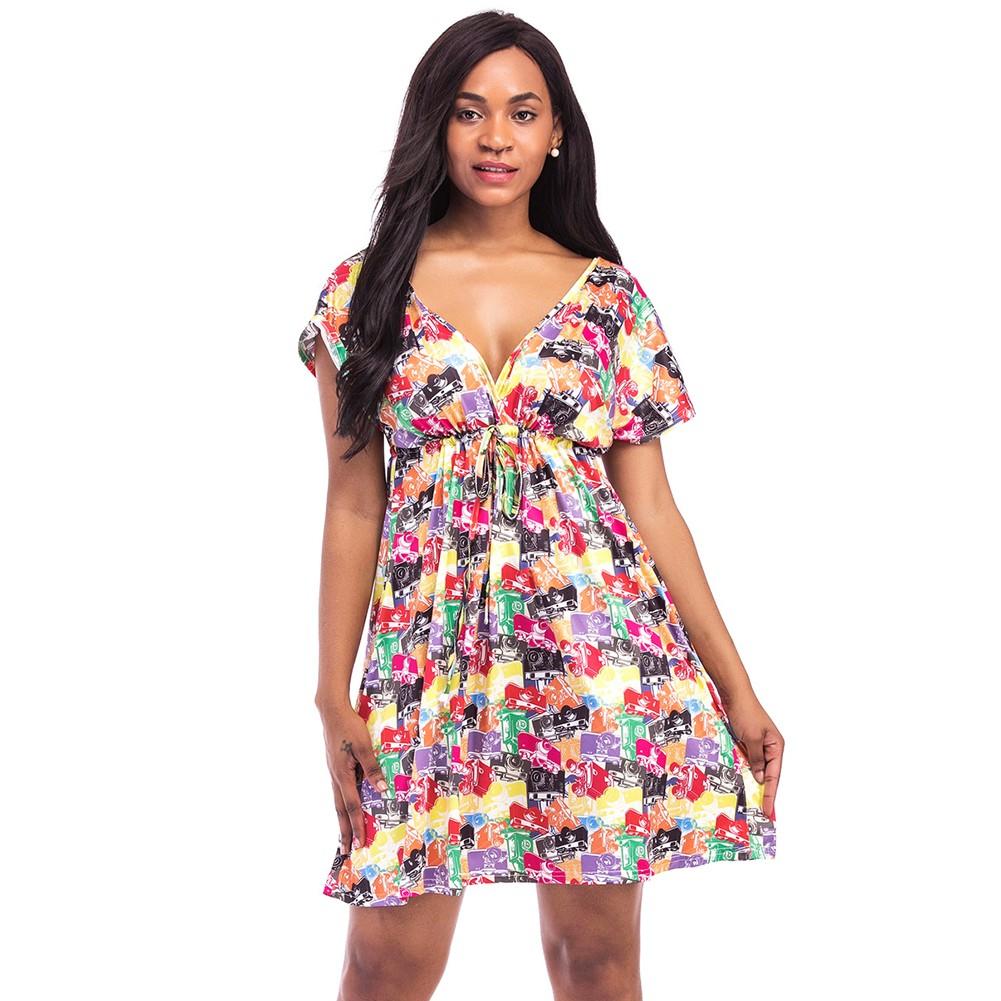 Women Print Mini Dress V Neck Short Sleeve Elastic Waist Summer Beach Pleated Plus Size