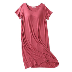 Women Night Gown with Pads Solid O-neck Short Sleeve Sleep Shirt Long Pajamas