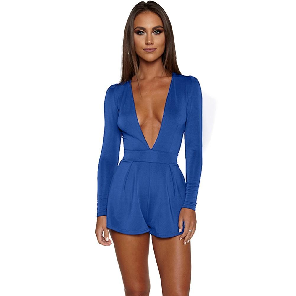 Sexy Women Jumpsuit Solid Color Plunge V Neck Long Sleeve Casual Slim Short