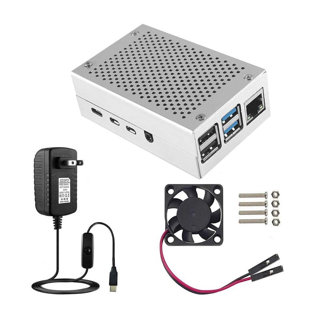 Case for Raspberry Pi 4 with Aluminum Metal Cooling Fan 5V 3A USB-C Power Supply ON/Off Switch