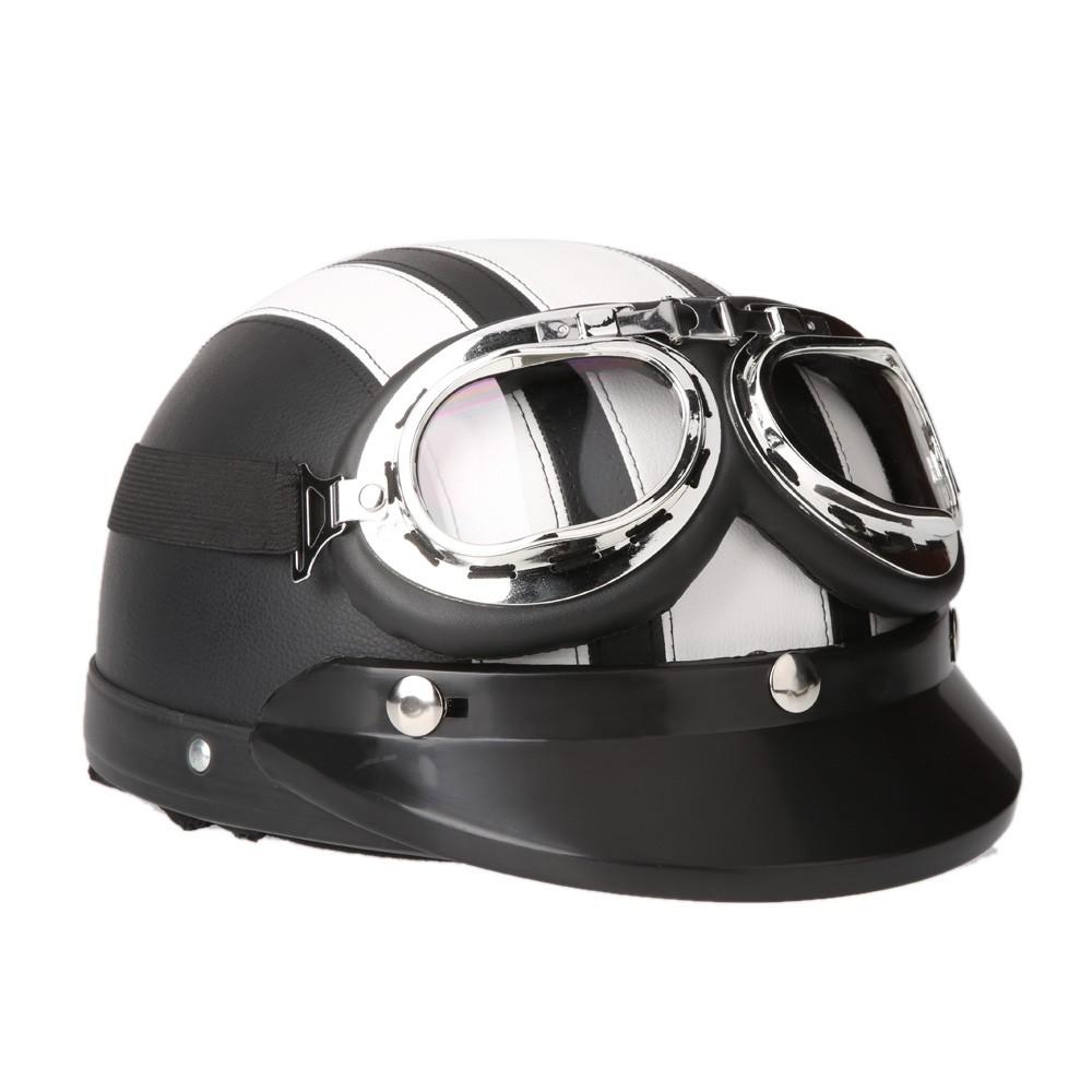 Motorcycle Scooter Open Face Half Leather Helmet with Visor UV Goggles Retro Vintage Style 54-60cm