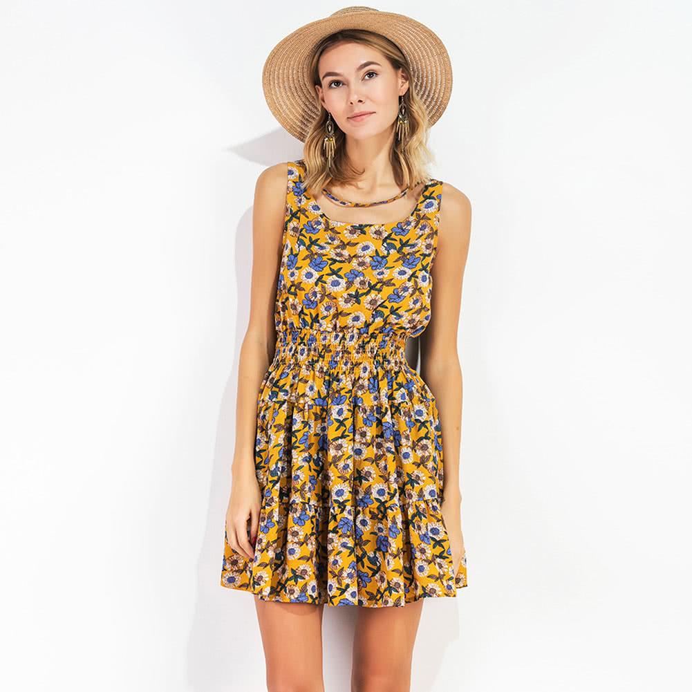 Summer Women Chiffon Floral Mini Dress Elastic Waist Sleeveless Party